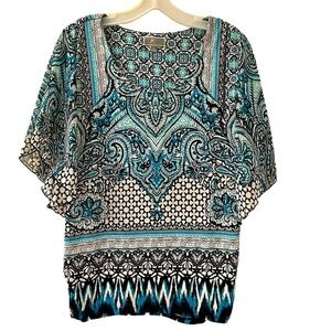 Women’s JM Collection Teal and Black Patterned Knit Top - Size M - NWOT